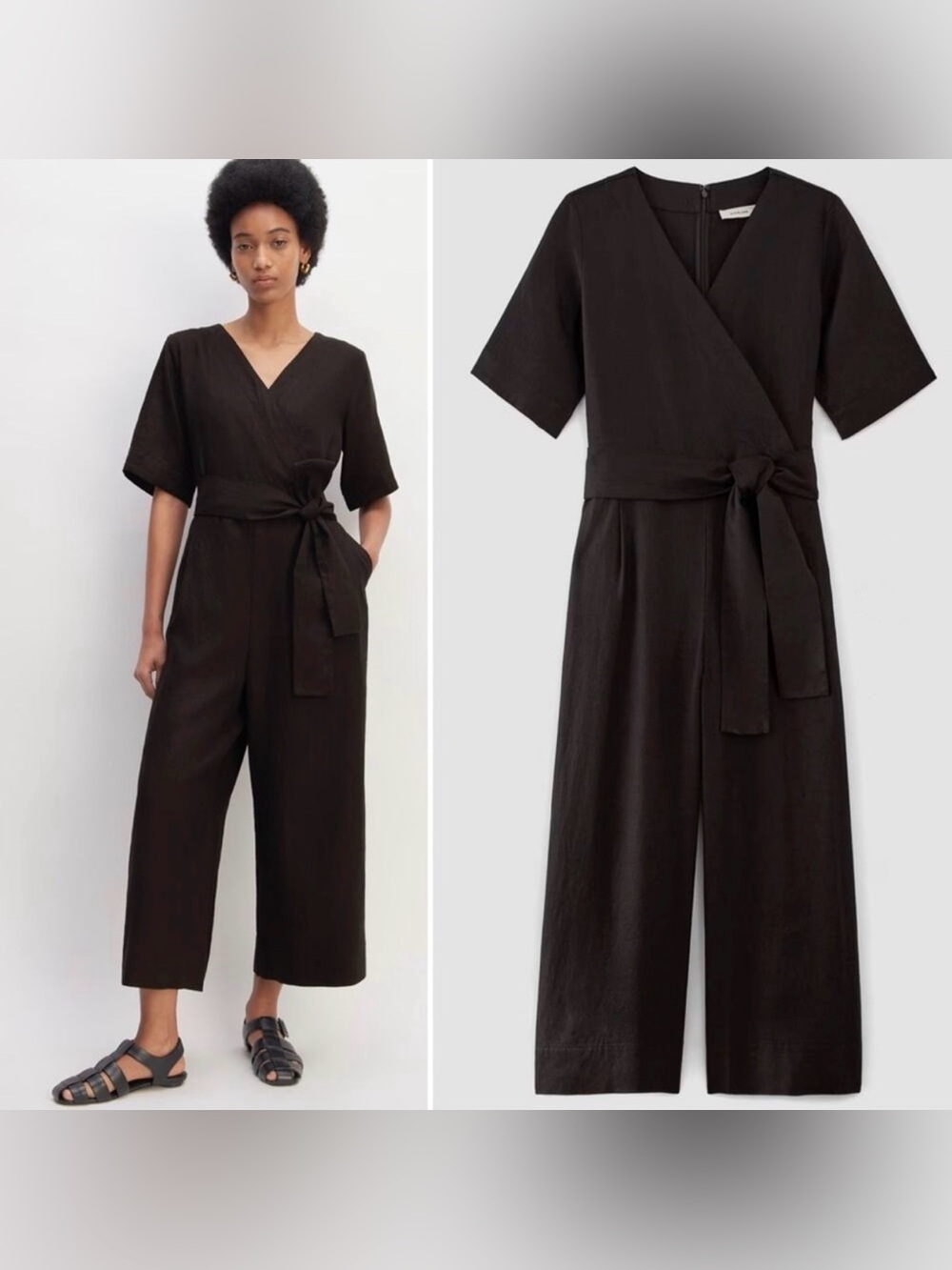 NWT Everlane Linen Kimono Style Cropped Wide Leg Wrap Jumpsuit, Black 10